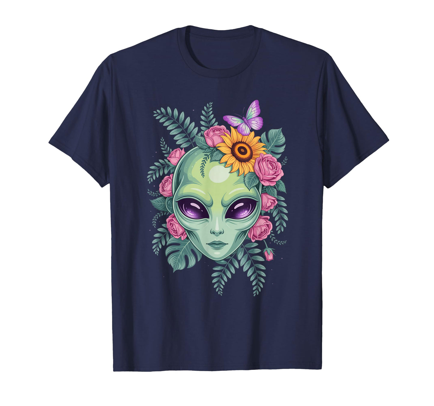 Mystical Alien Floral Graphic with Sunflower & Butterfly T-Shirt