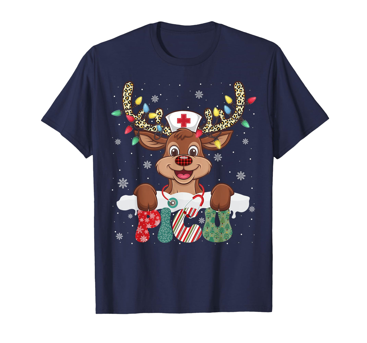 PICU Nurse Reindeer Nurse Hat Christmas Light Women Girl T-Shirt