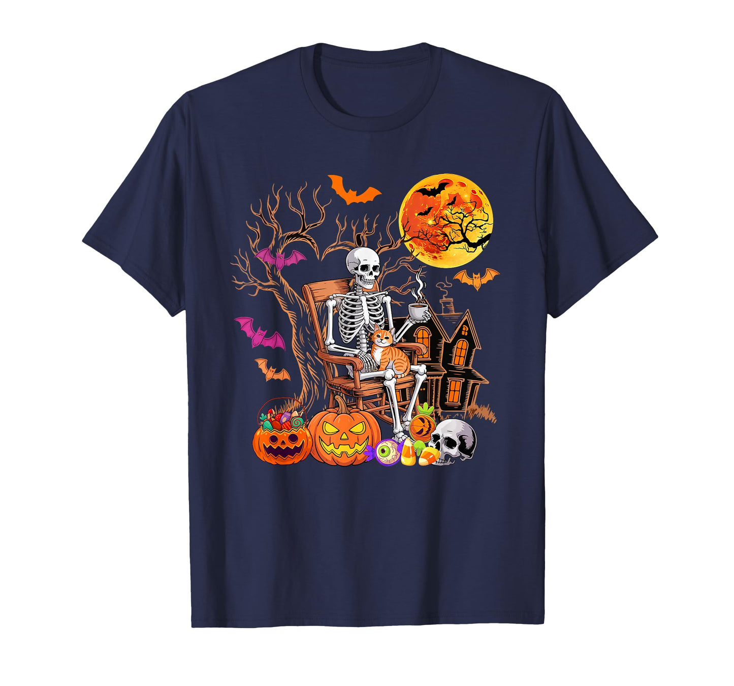 Skeleton Drinking Coffee Halloween Carved Pumpkin Lover T-Shirt