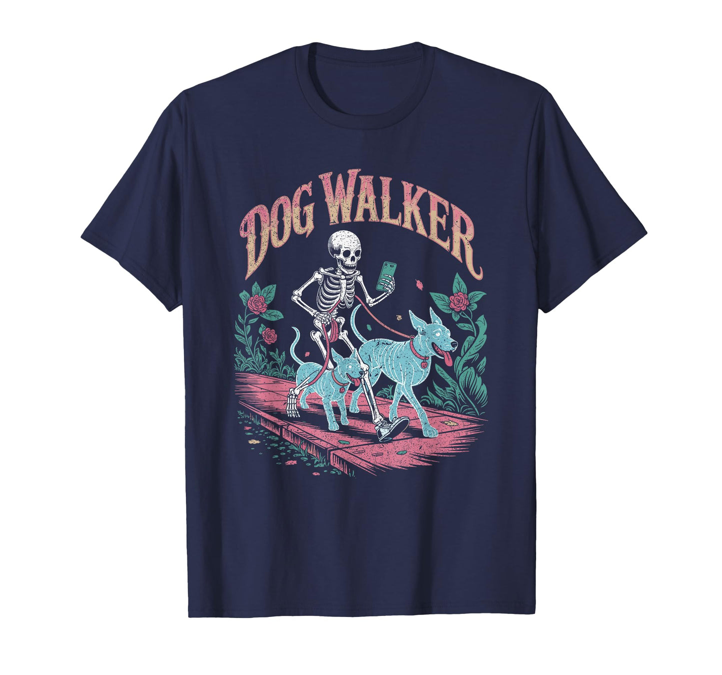 Skeleton Dog Walker with Ghost Dogs Funny Halloween Spooky T-Shirt