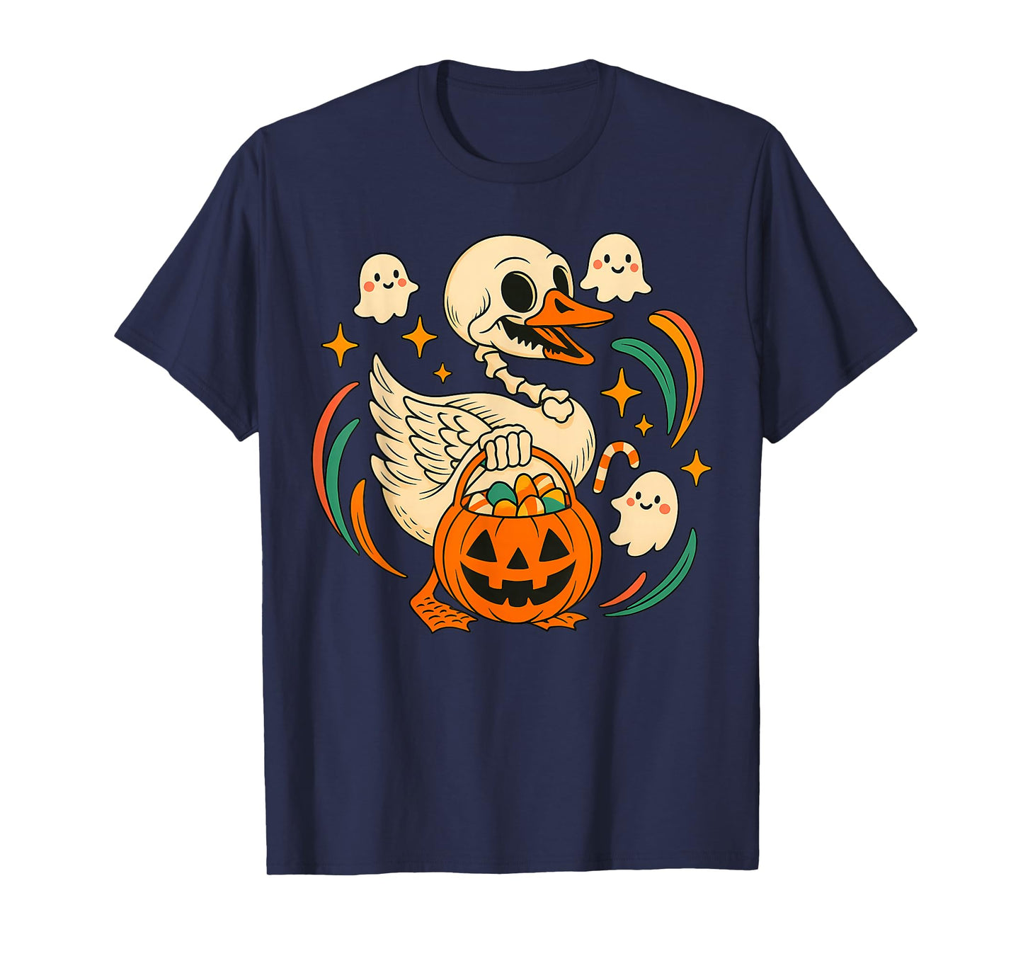 Halloween Goose Skeleton with Witch Hat Pumpkin Candy Bucket T-Shirt