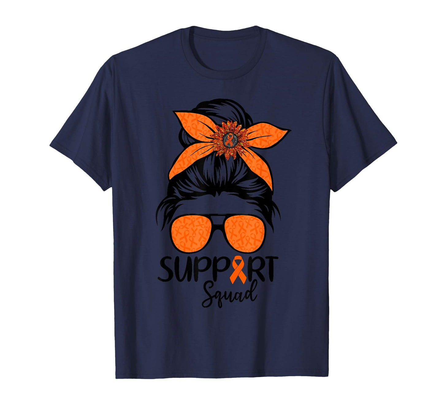 Women Messy Bun Orange Support Squad Kidney Cancer Awareness T-Shirt