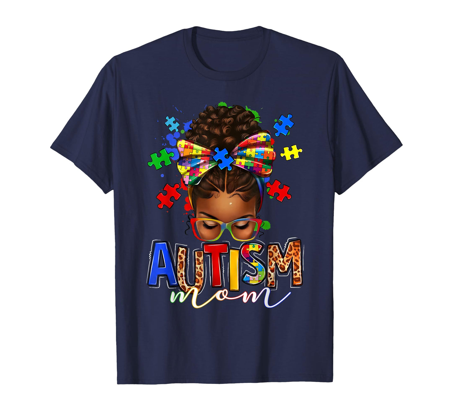 Autism Mom Messy Bun Black Women Autism Awareness Puzzle T-Shirt