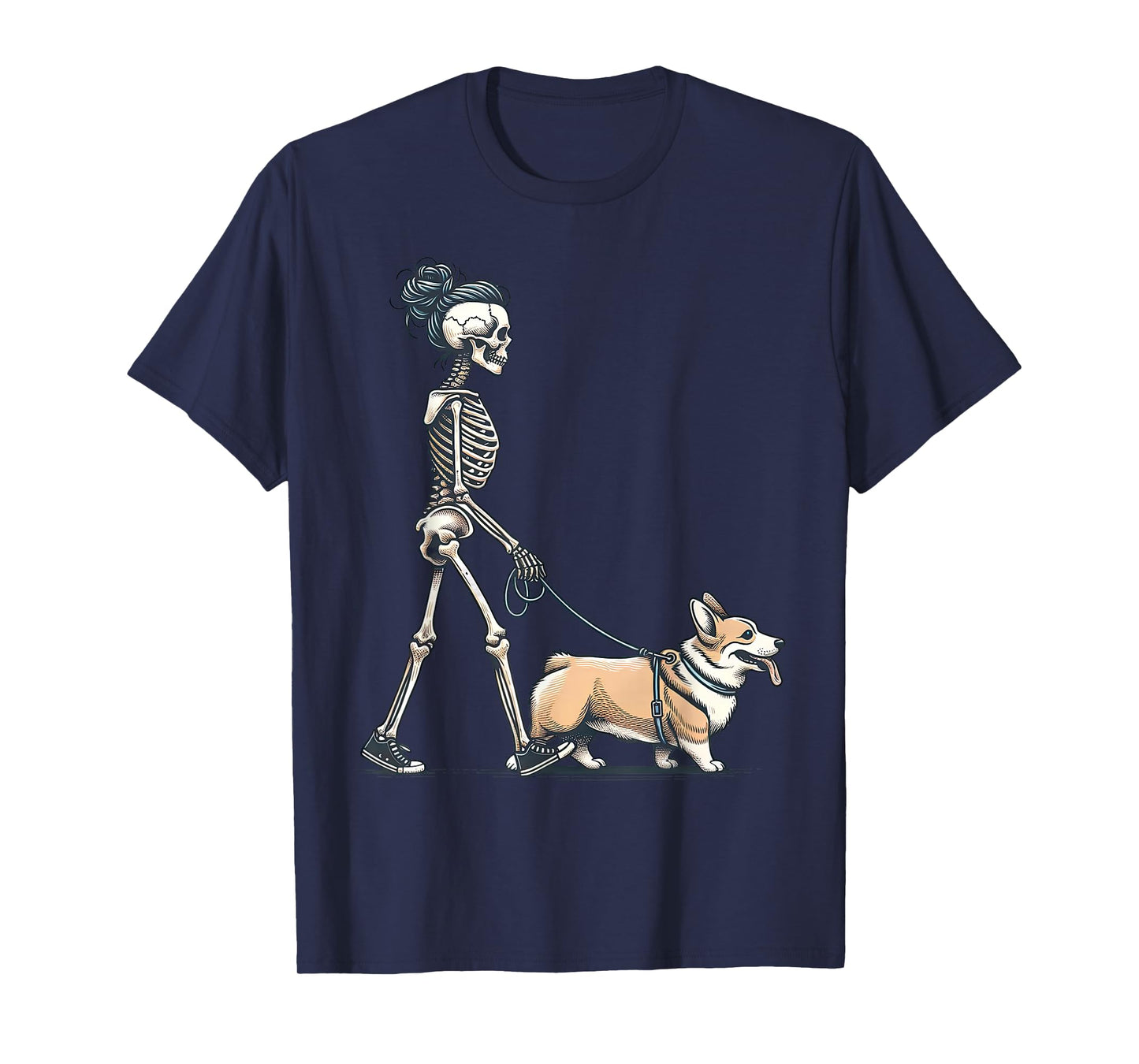 Retro Skeleton Mom Walking Corgi Dog Halloween Puppy Lover T-Shirt