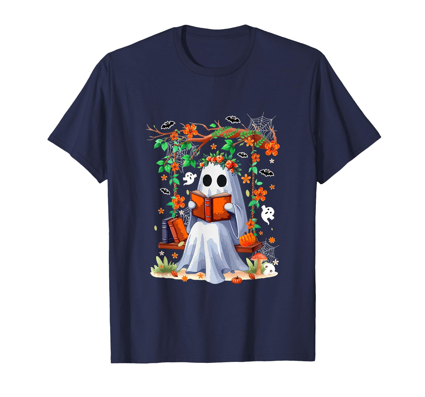 Cute Boo On Swing Reading Book Halloween Colorful Flowers T-Shirt