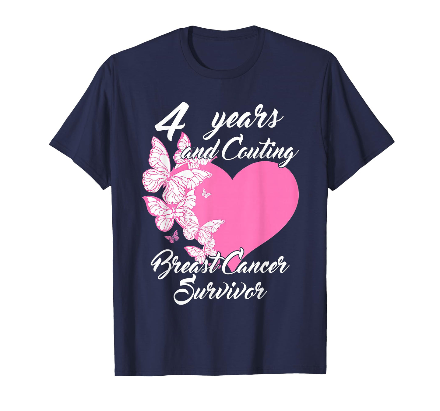 Survivor 4 Years Cancer Free Breast Cancer Butterfly Heart T-Shirt