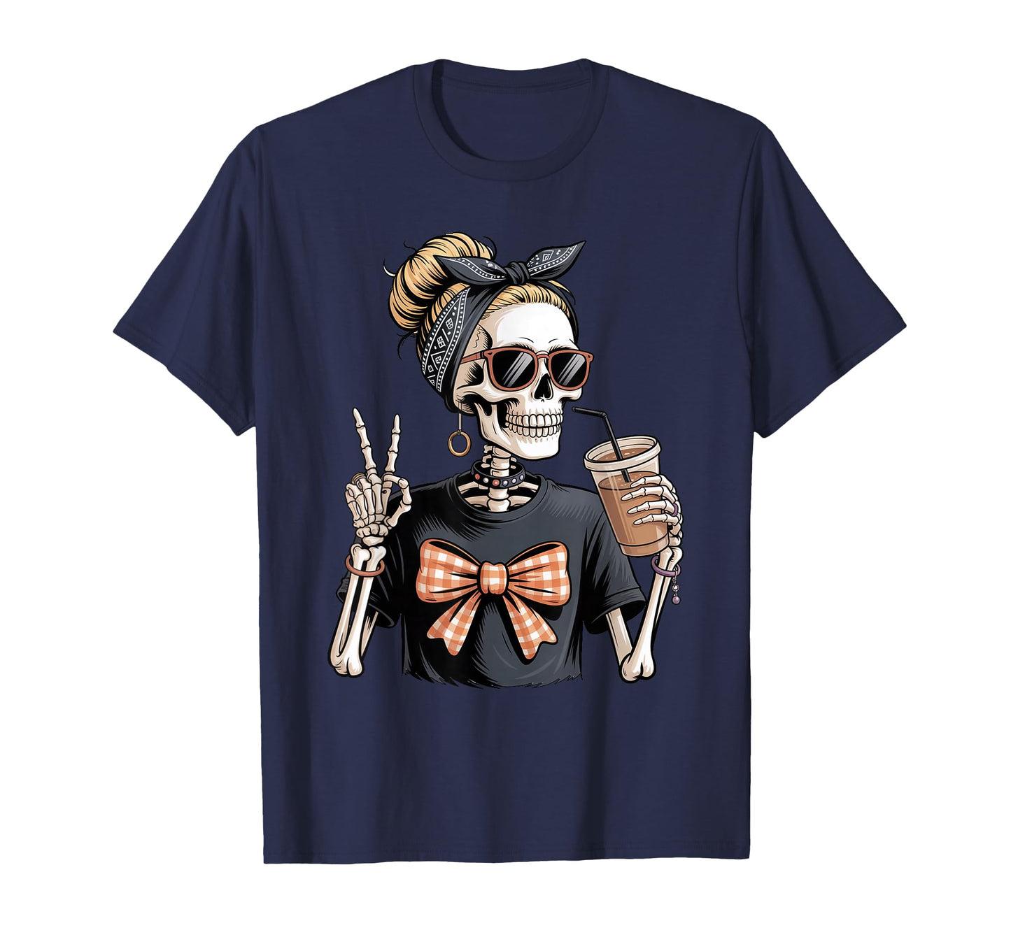 Skeleton Girl Drinking Coffee Peace Sign Graphic for Women T-Shirt