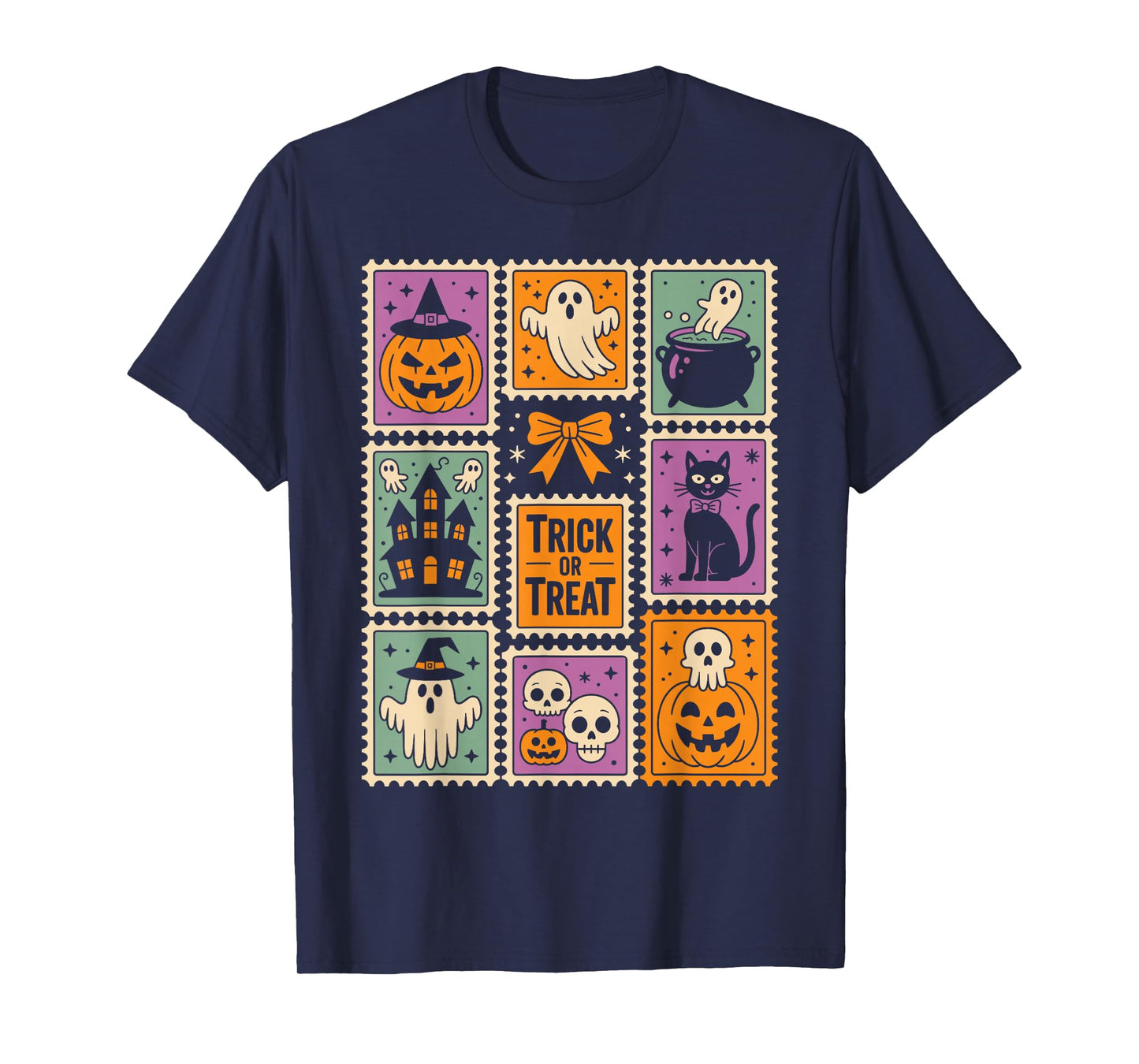 Halloween Stamps Spooky Pumpkin Ghost Cat Witch Skeleton T-Shirt