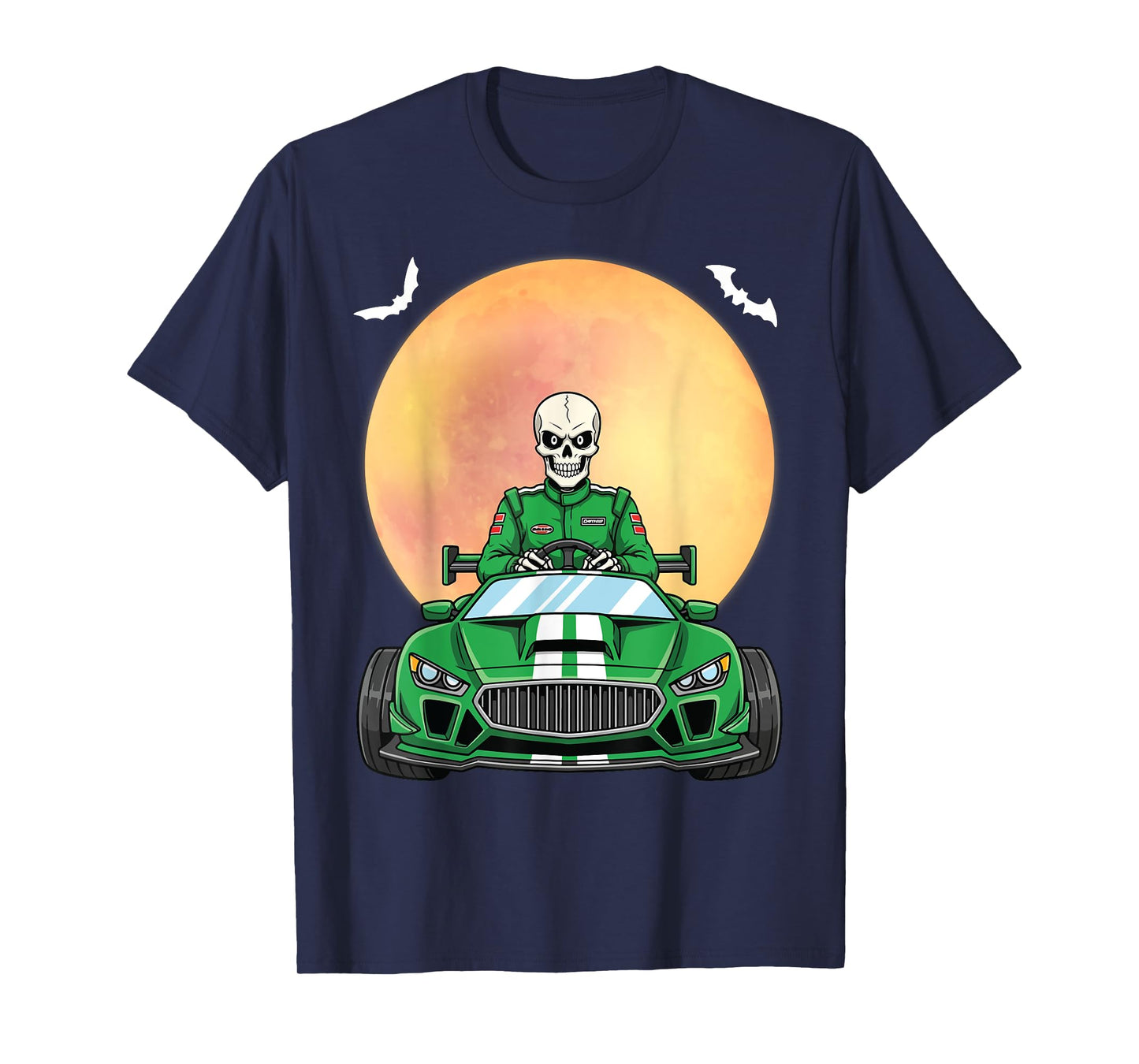 Funny Skeleton Racer Auto Racing Halloween Under Full Moon T-Shirt