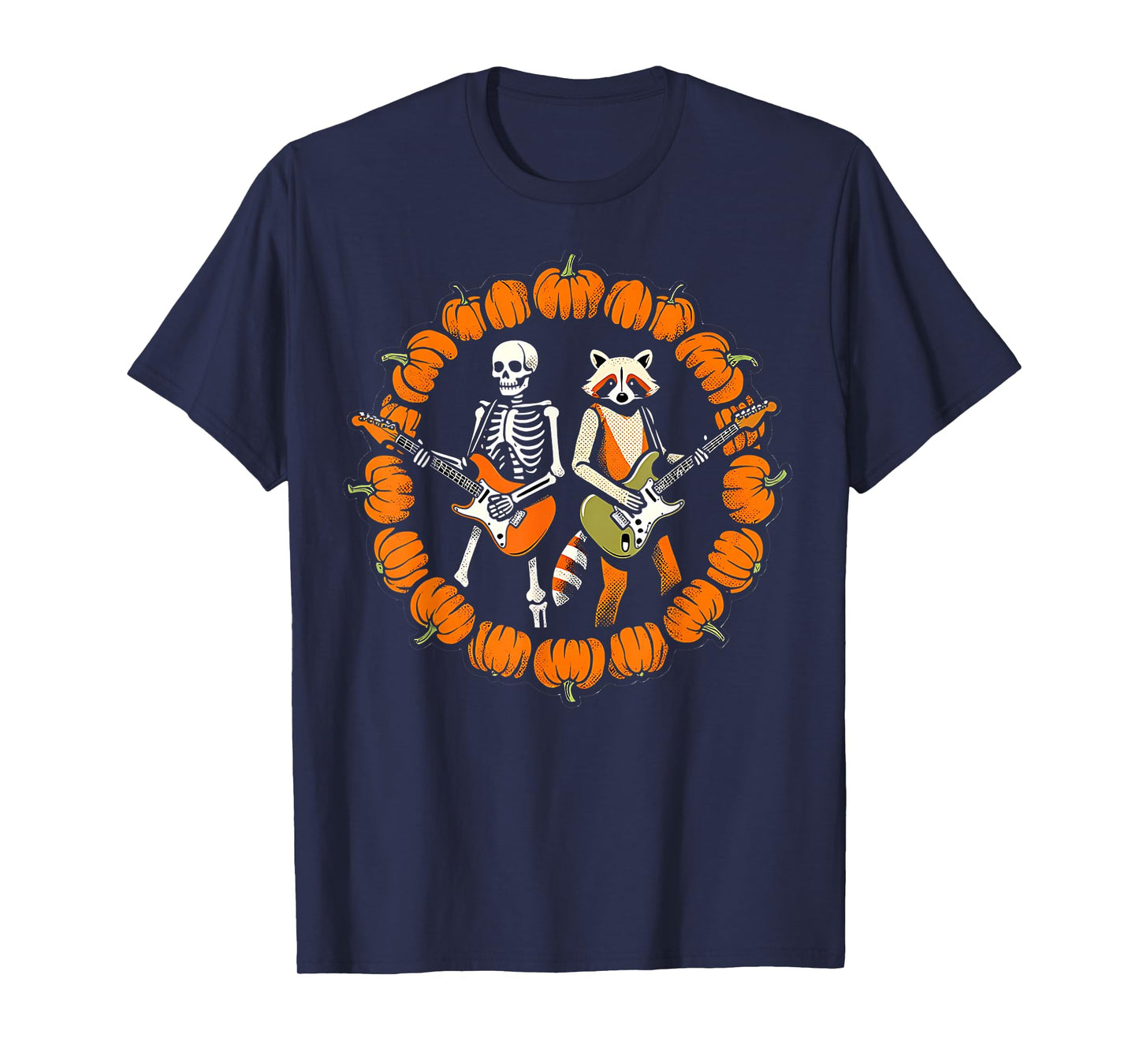 Skeleton Raccoon Rocking Pumpkin Halloween Men Women Kids T-Shirt
