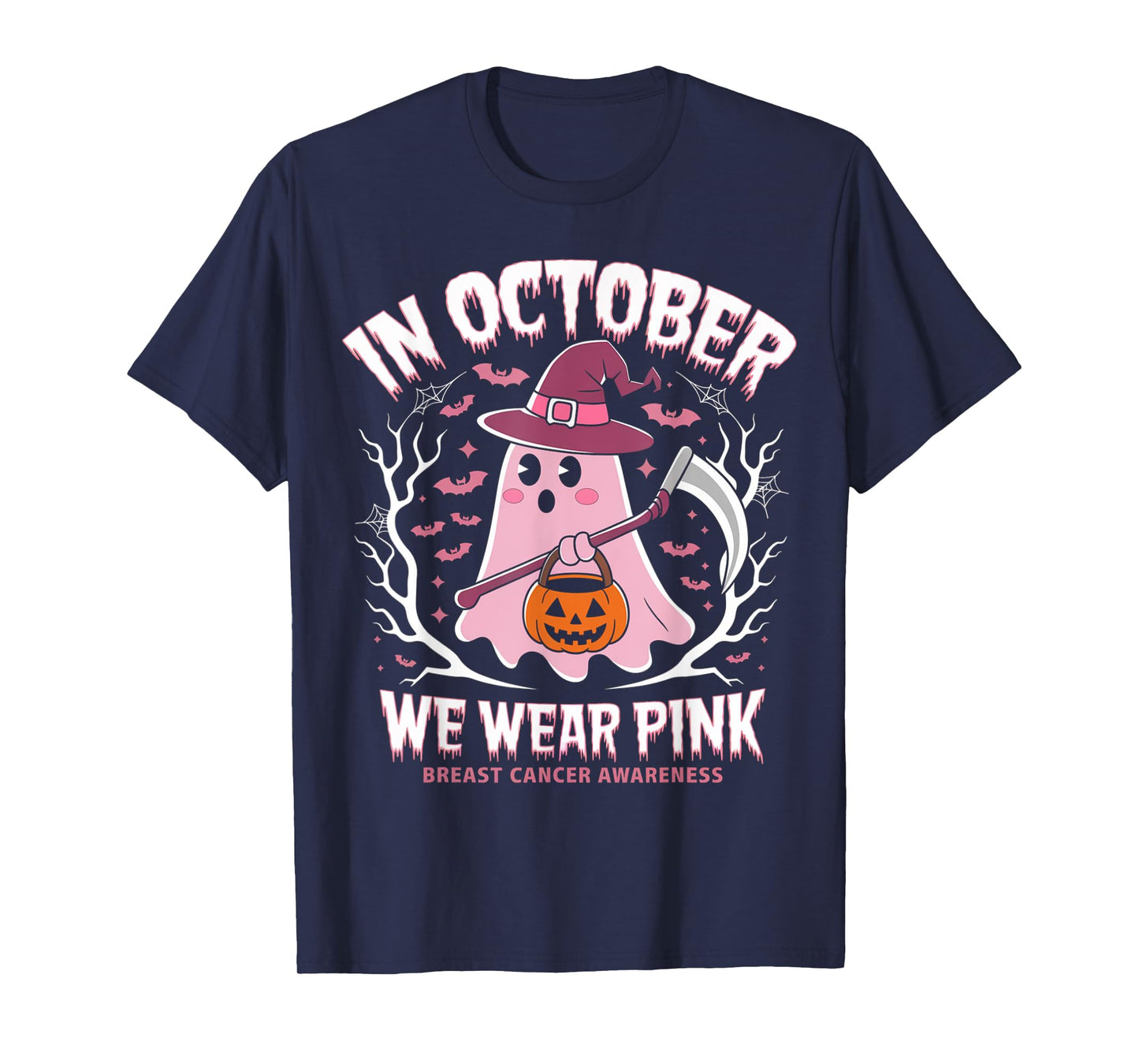 Breast Cancer Women Halloween Ghost In October We Wear Pink T-Shirt