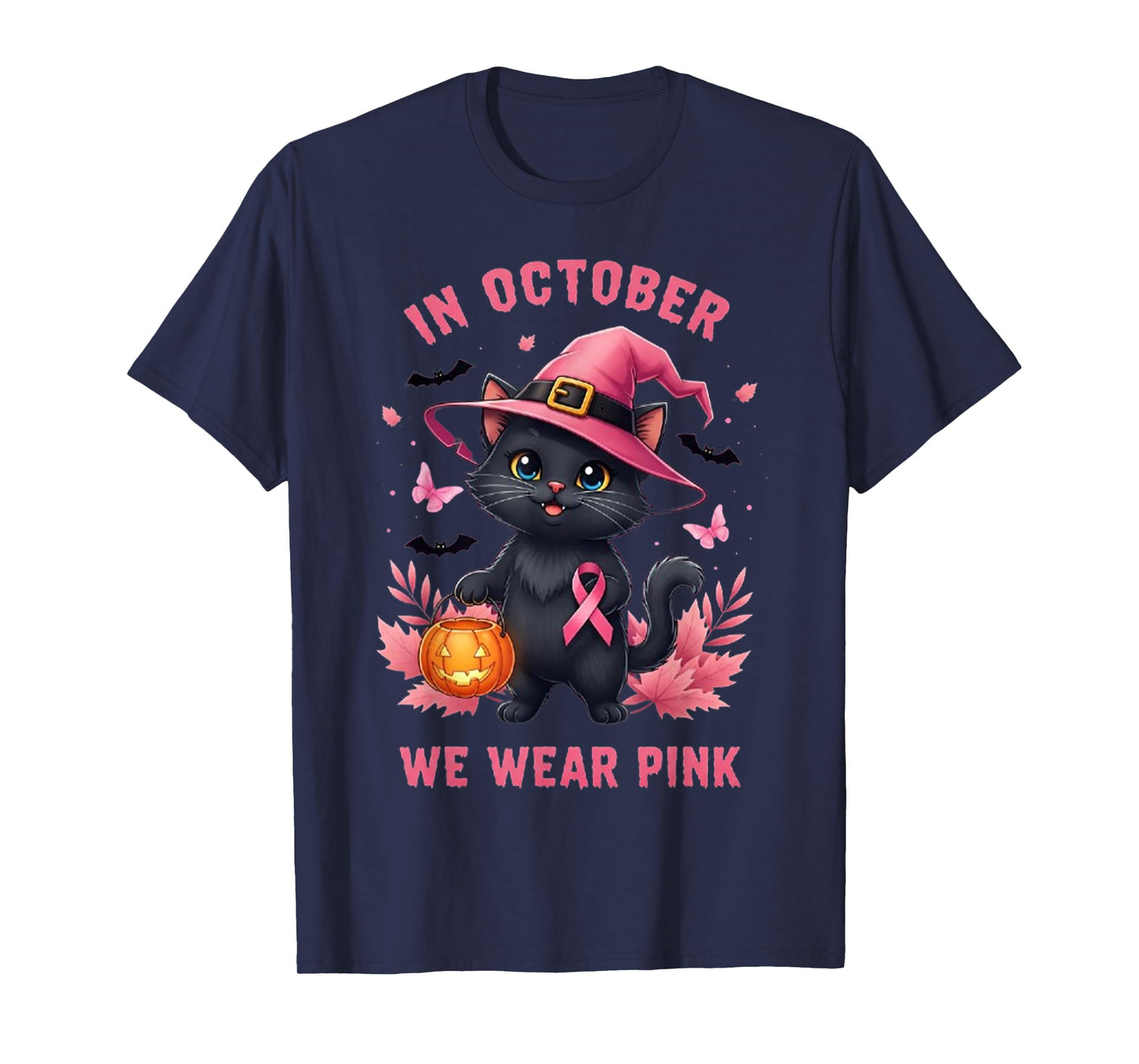 Fun Cat Pink Ribbon in October We Wear Pink Breast Cancer T-Shirt