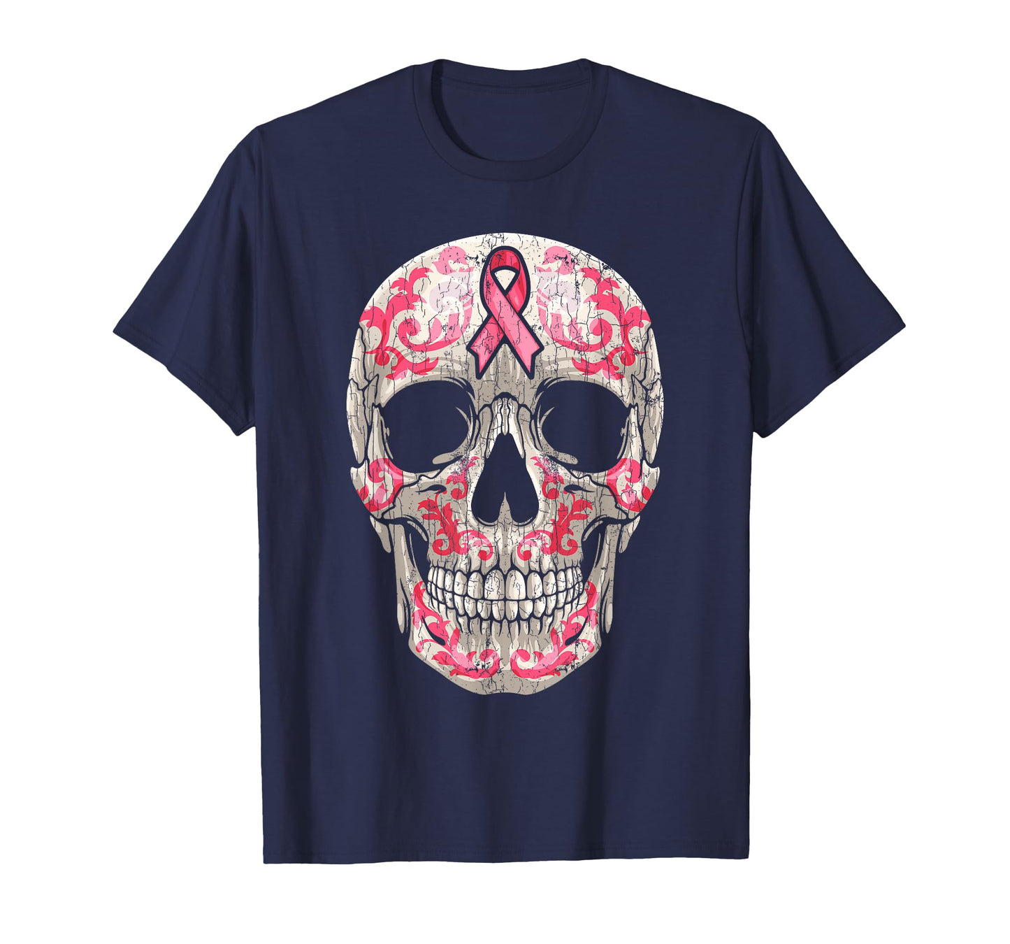 Breast Cancer Awareness Graphic Ribbon Sugar Skull Calavera T-Shirt