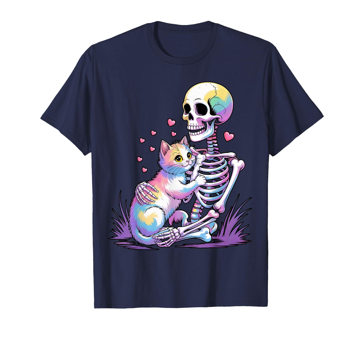 Skeleton Hugging Cat Funny Halloween Cat Lover Cat Mom Dad T-Shirt