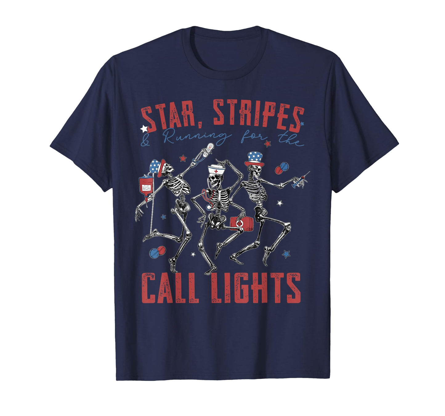 Star Stripes & Running For The Call Lights Dancing Skeleton T-Shirt