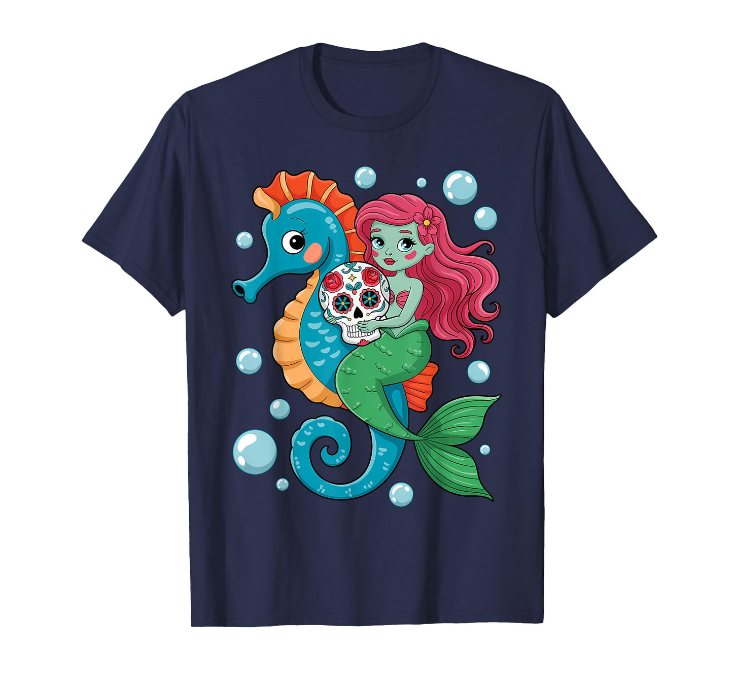 Halloween Skeleton Mermaid Sugar Skull Sea Horse T-Shirt