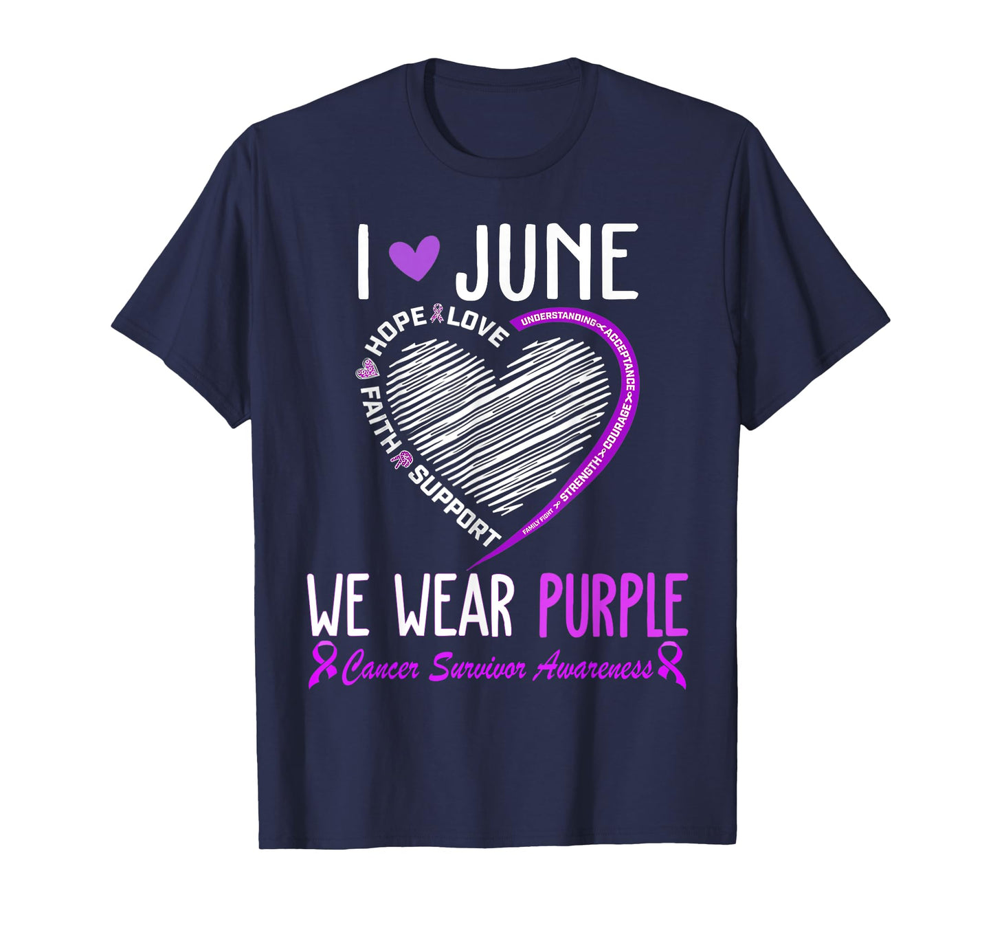 In June We Wear Purple Cancer Survivor Awareness Heart T-Shirt