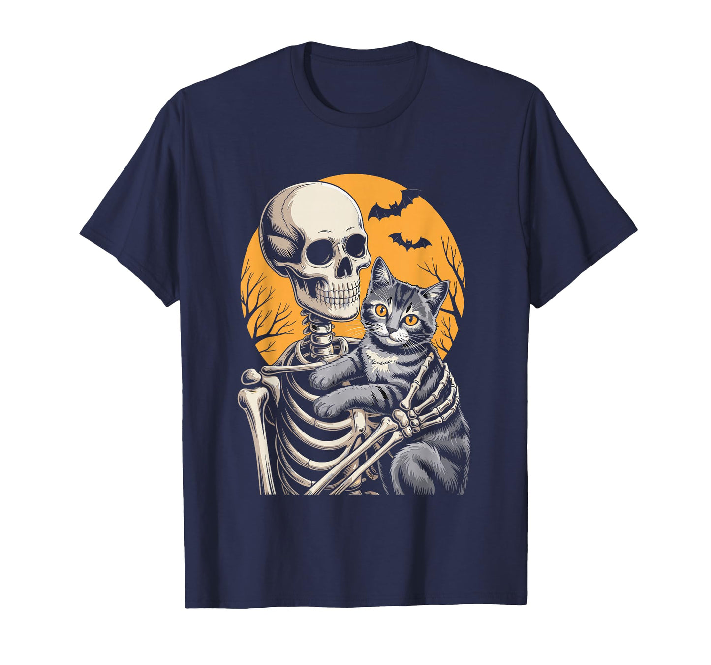 Skeleton Hugging Cat Halloween Moon Cats Lover T-Shirt