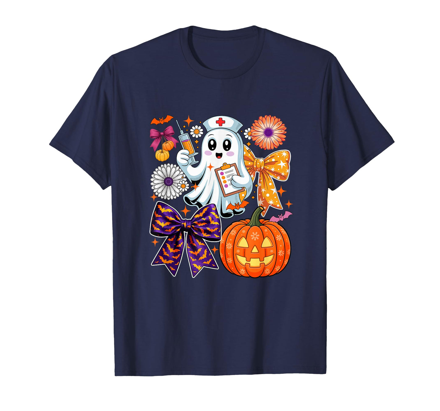 Halloween Boo Ghost As Nurse Colorful Bow Ties Flowers T-Shirt