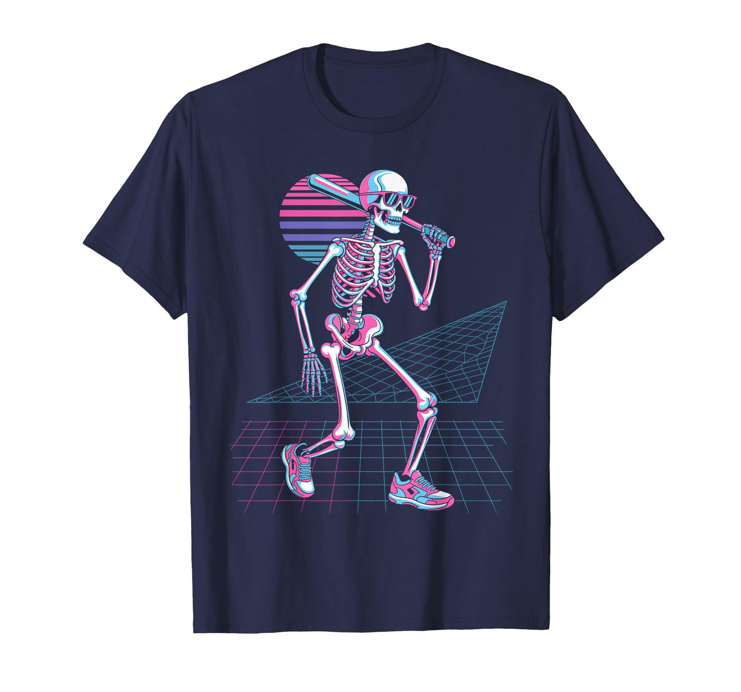 Retro 80s Skeleton Baseball Graphic Vaporwave Sunset T-Shirt