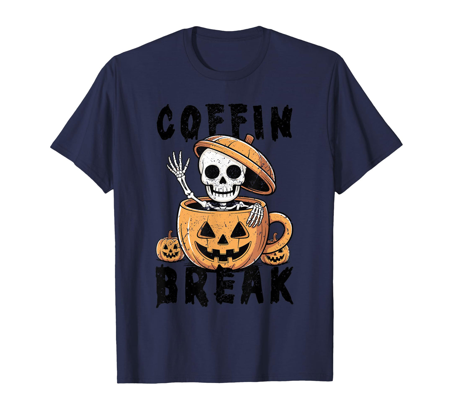 Skeleton in Pumpkin Mug Waving Spooky Halloween Coffee T-Shirt