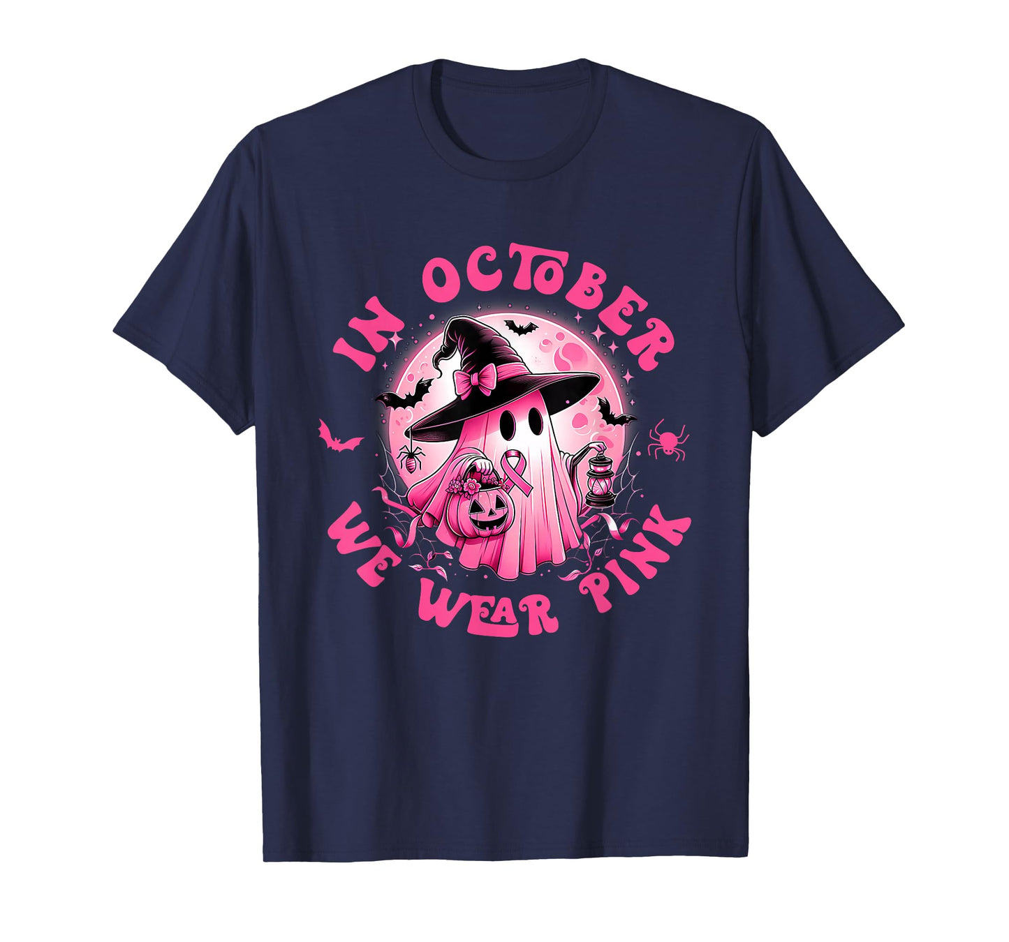 in October We Wear Pink Ghost Witch Breast Cancer Awareness T-Shirt