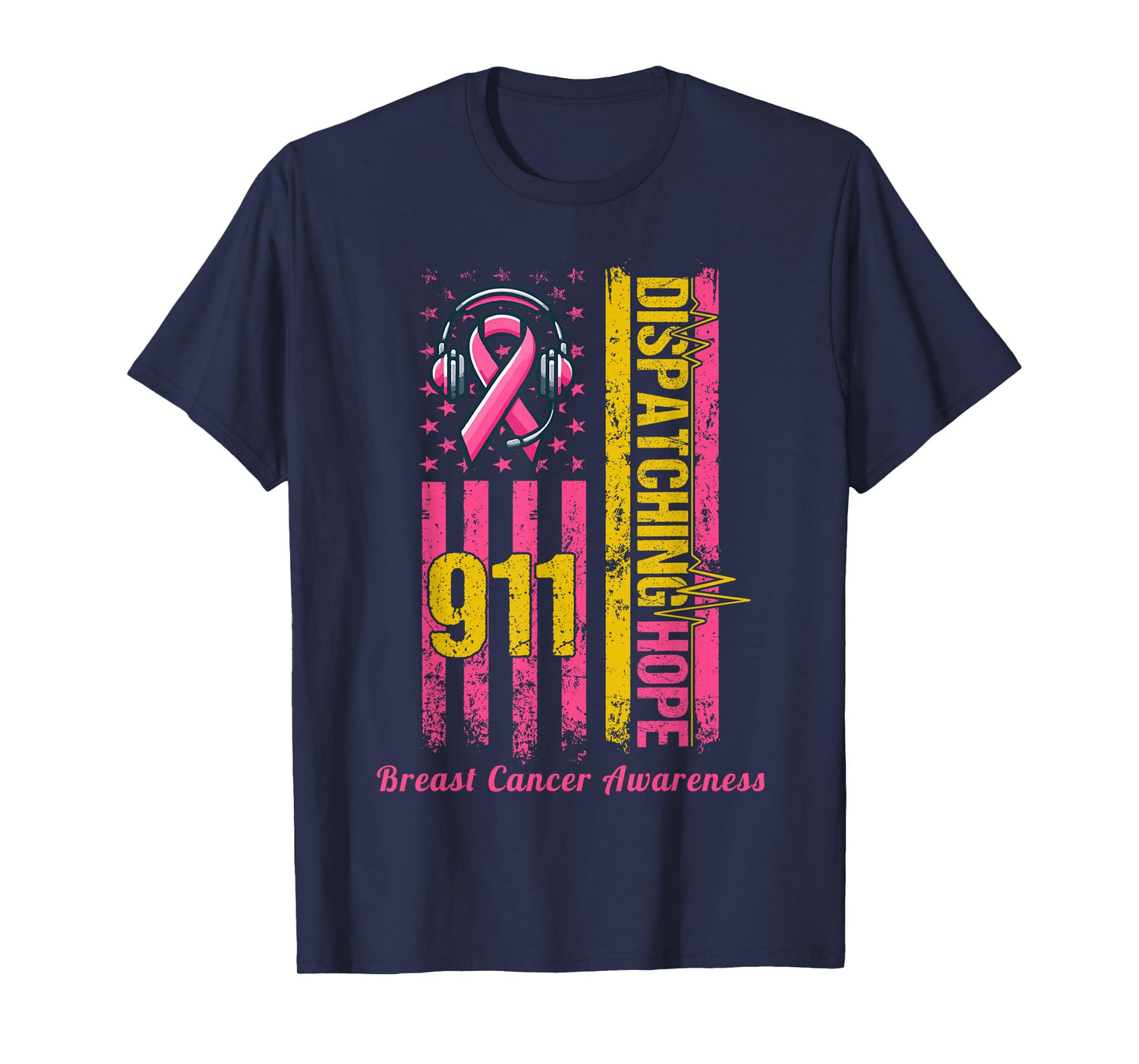 911 Dispatcher Breast Cancer Awareness American Flag T-Shirt