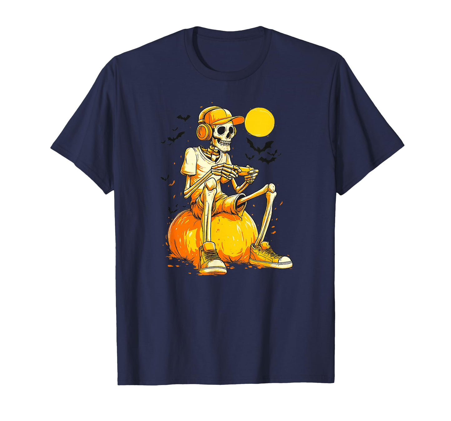 Gamer Skeleton on Pumpkin Halloween Design T-Shirt