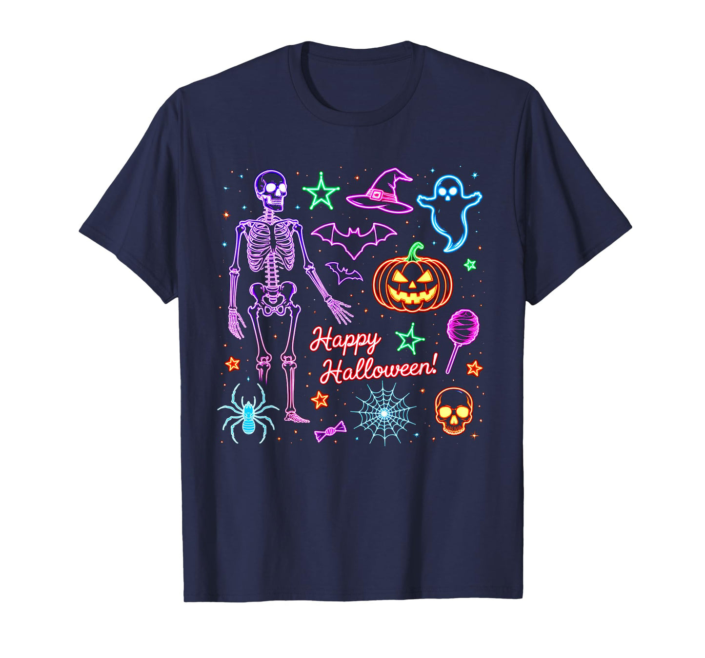 Happy Halloween 2025 Skeleton Ghost Pumpkin Bats Black Cat T-Shirt
