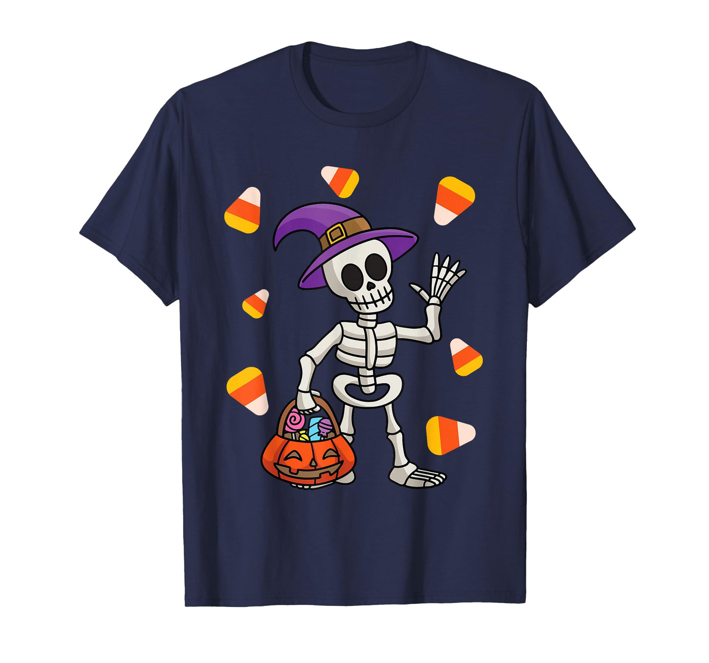 Halloween Fun Pumpkin Candy Corn Costume Witch Hat Skeleton T-Shirt
