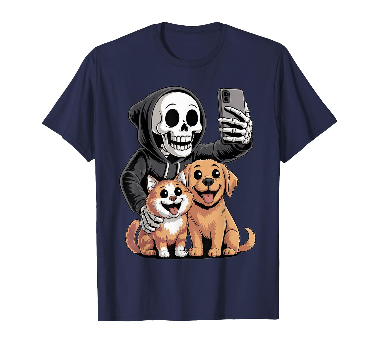 Skeleton Selfie with Pets Funny Halloween Boys Girls Kids T-Shirt