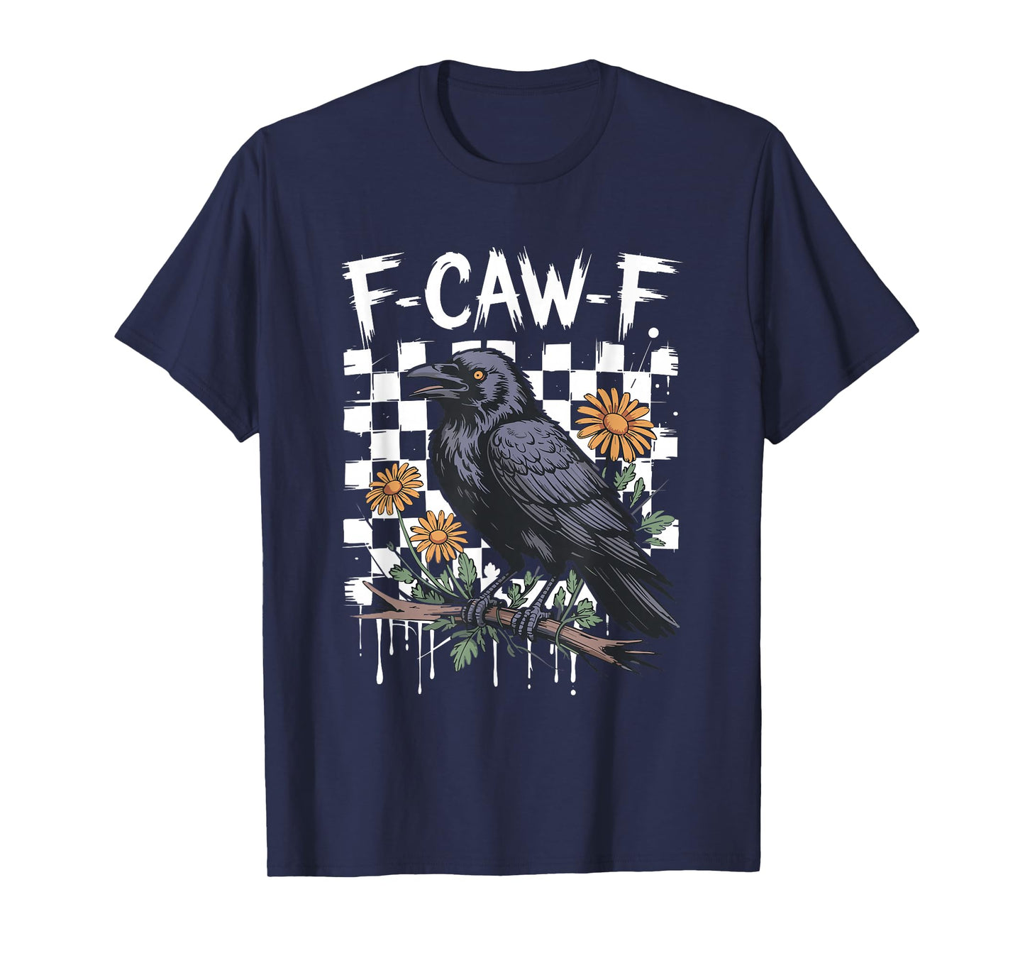Checkered Floral Crow Raven F-CAW-F Halloween Dark Bird T-Shirt