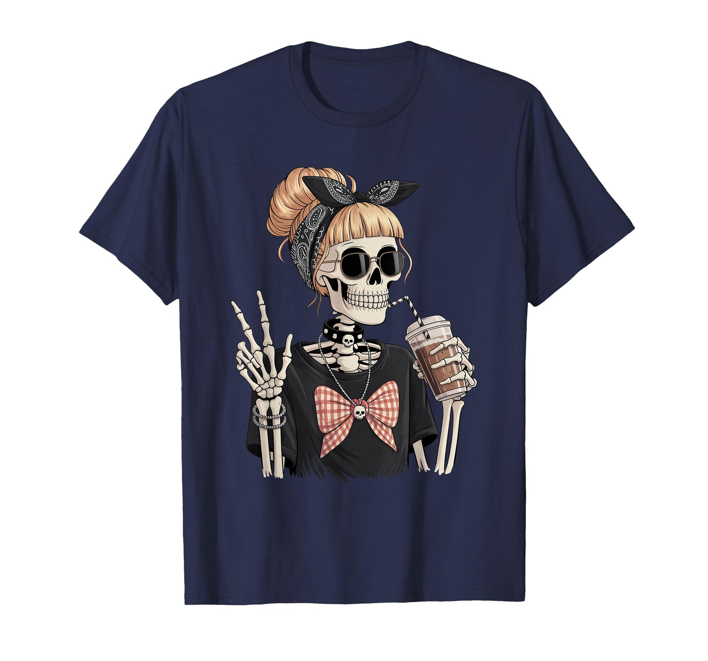 Skeleton Girl Drinking Coffee Peace Sign Graphic for Women T-Shirt