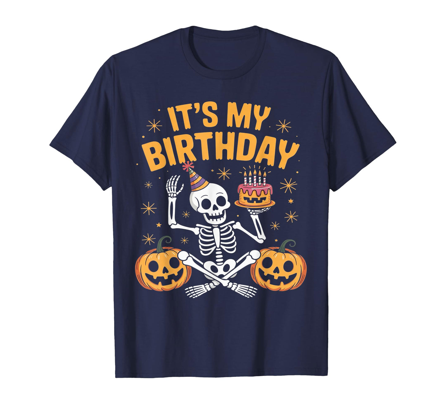 Skeleton Birthday Party Fun with Pumpkins and Cake T-Shirt