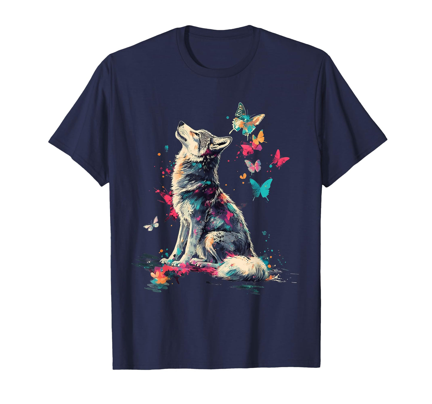 Wolf Art Animal Butterflies T-Shirt