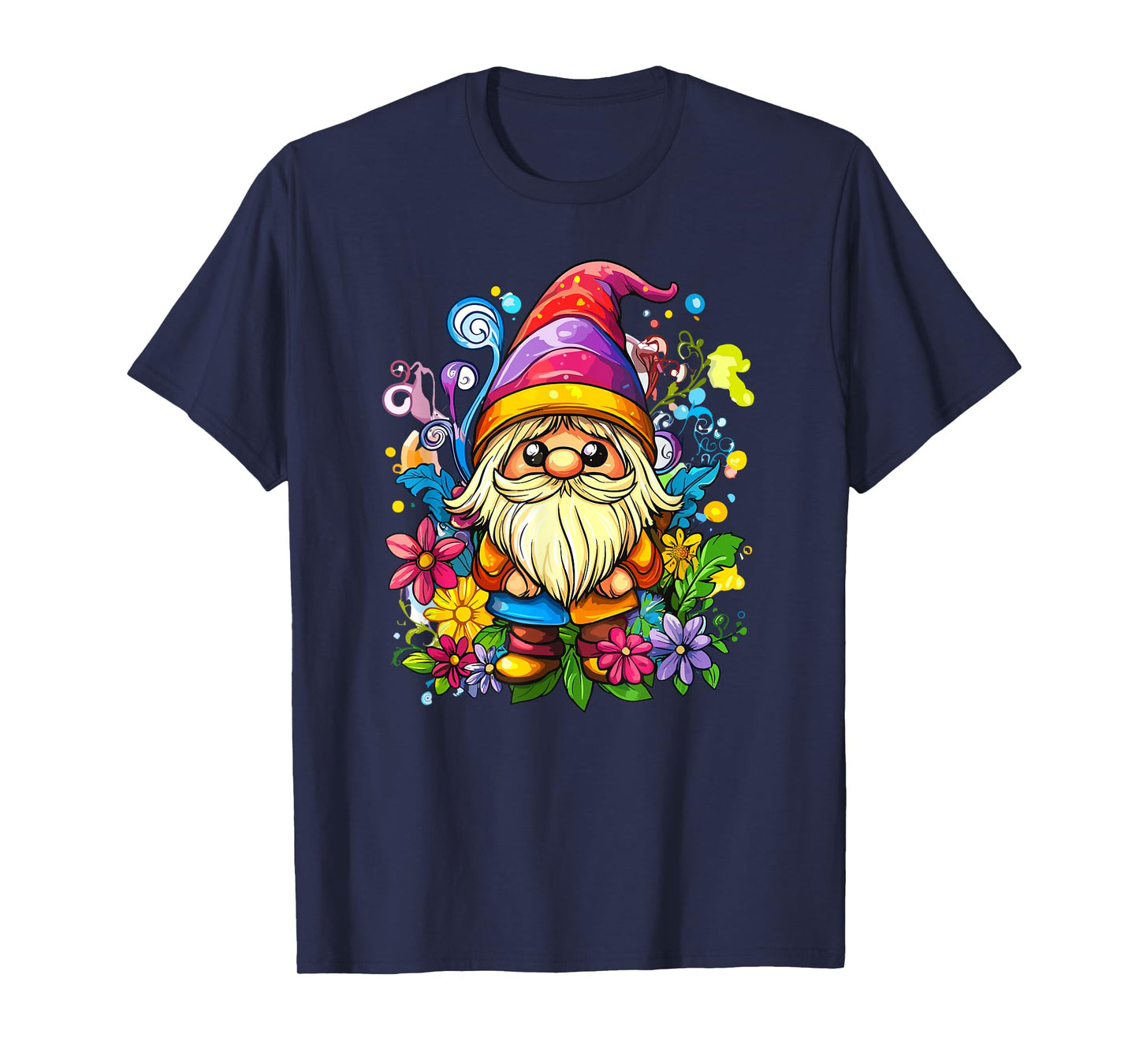 Vibrant Whimsical Gnome Surrounded By Flowers T-Shirt