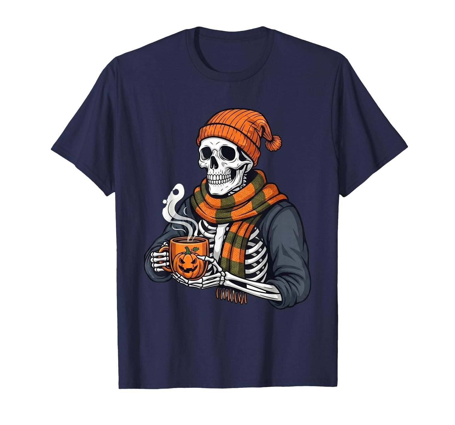 Comfy Skeleton Drinking Coffee – Funny Spooky Halloween T-Shirt