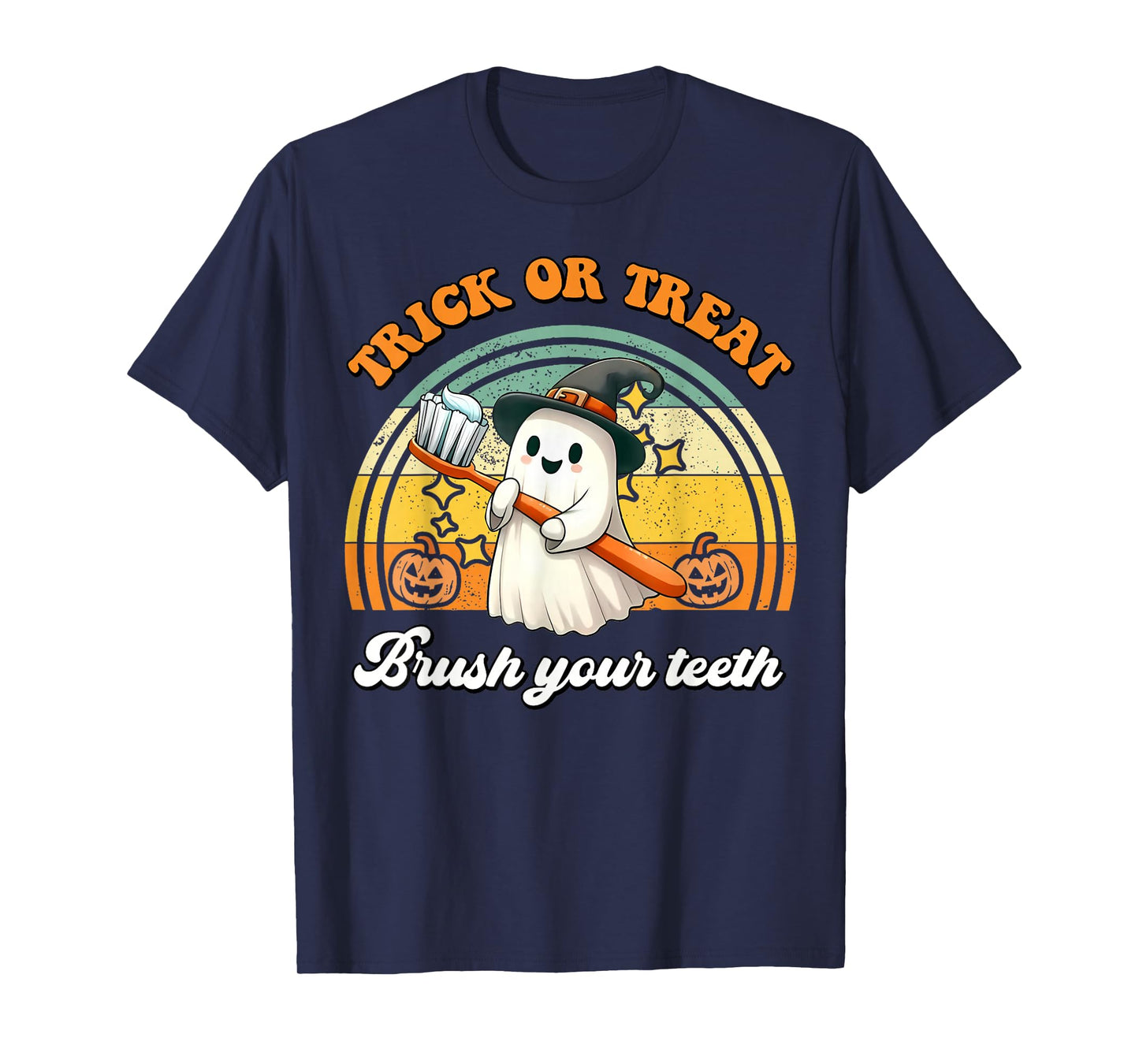 Trick Or Treat Brush Your Teeth Retro Halloween Cute Dentist T-Shirt