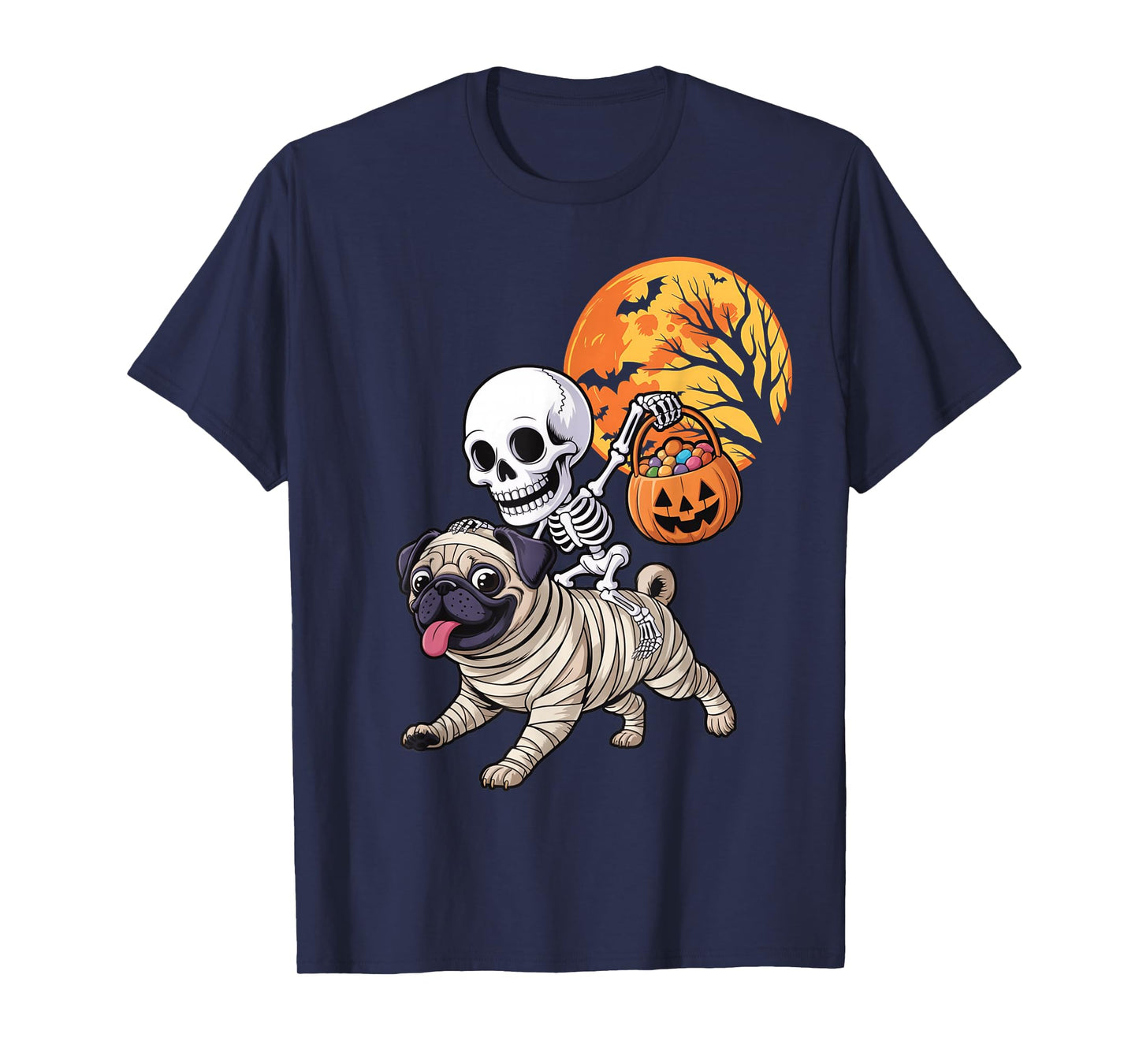 Funny Skeleton Riding Mummy Pug Women Men Halloween T-Shirt