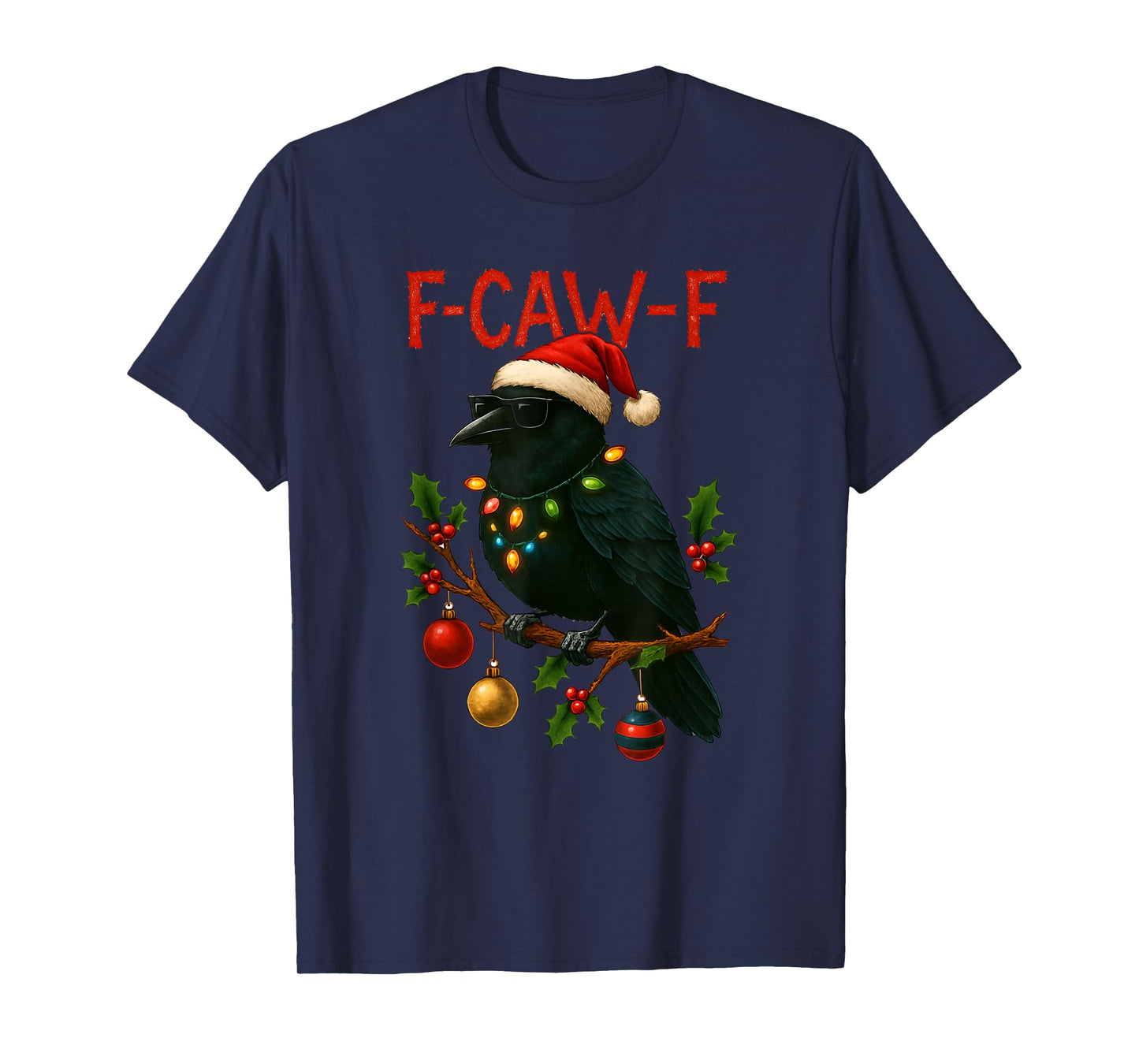 Black Crow F-Caw-F Funny Retro Christmas Lights Santa Hat T-Shirt