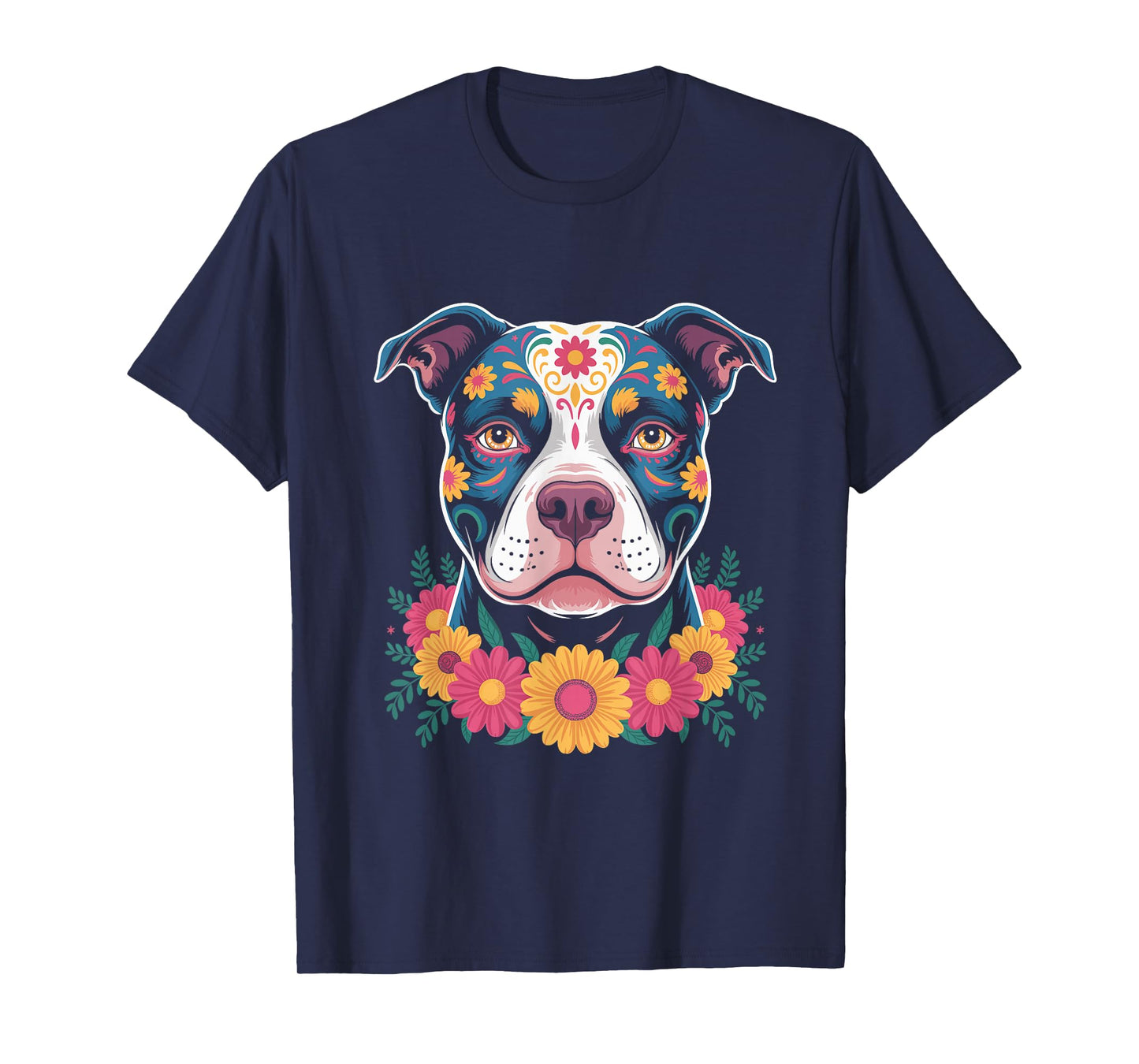 Pitbull Dog Sugar Skull Dia De Los Muertos Mexican T-Shirt