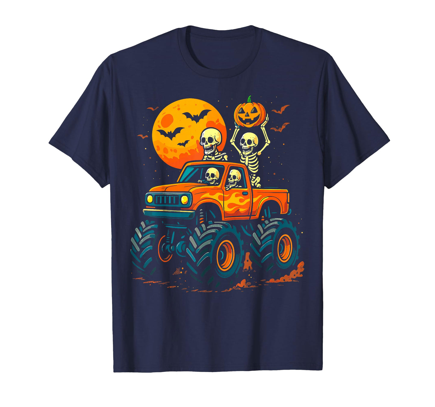 Halloween Skeletons Monster Truck Pumpkin T-Shirt