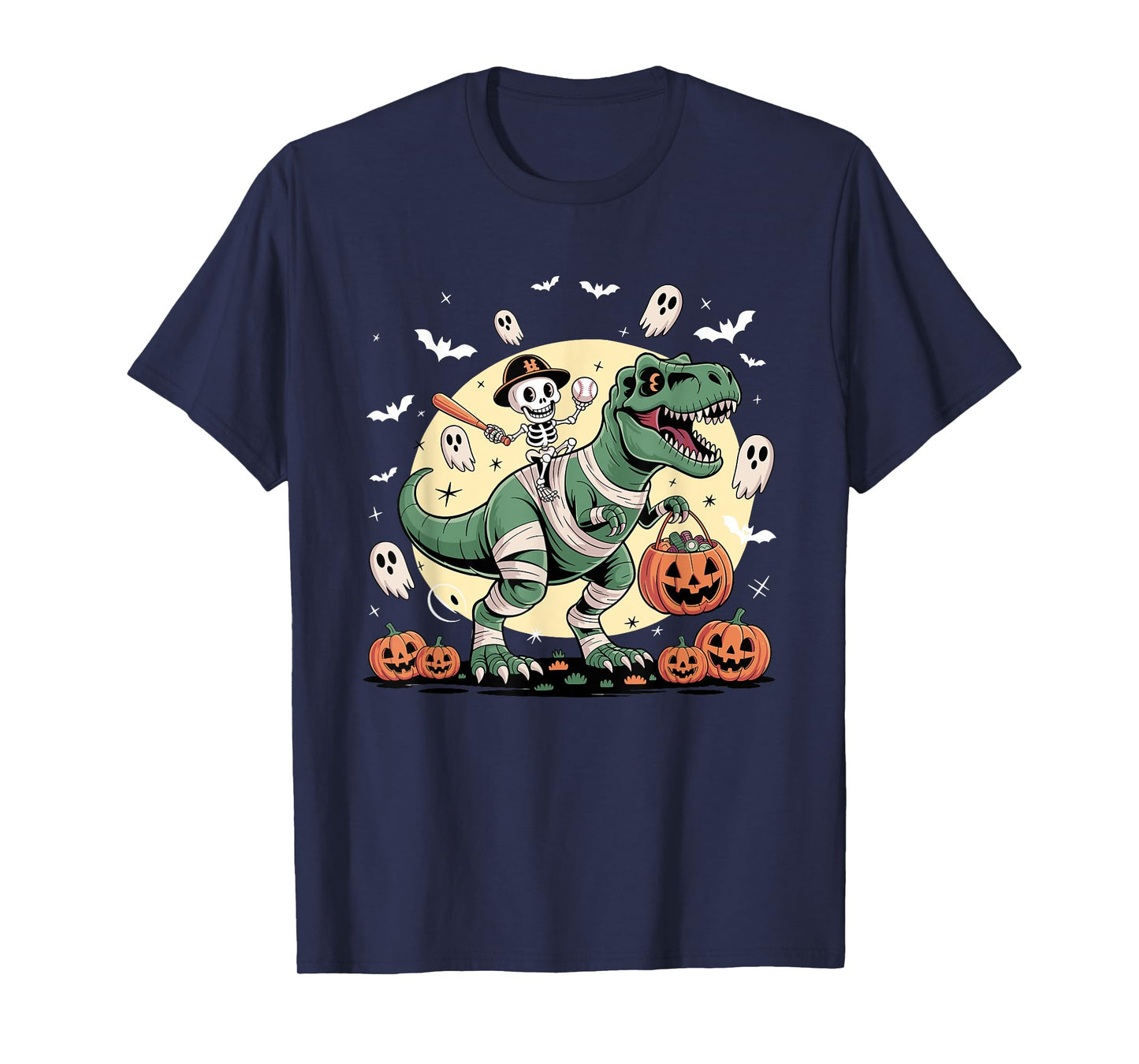 Baseball Skeleton Riding Mummy Dinosaur T-Rex Halloween Boys T-Shirt
