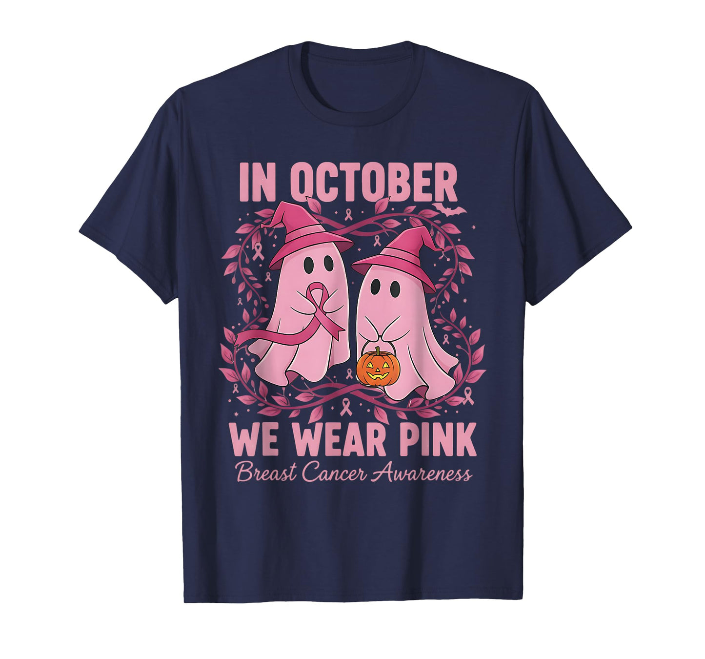 in October We Wear Pink Breast Cancer Awareness Halloween T-Shirt