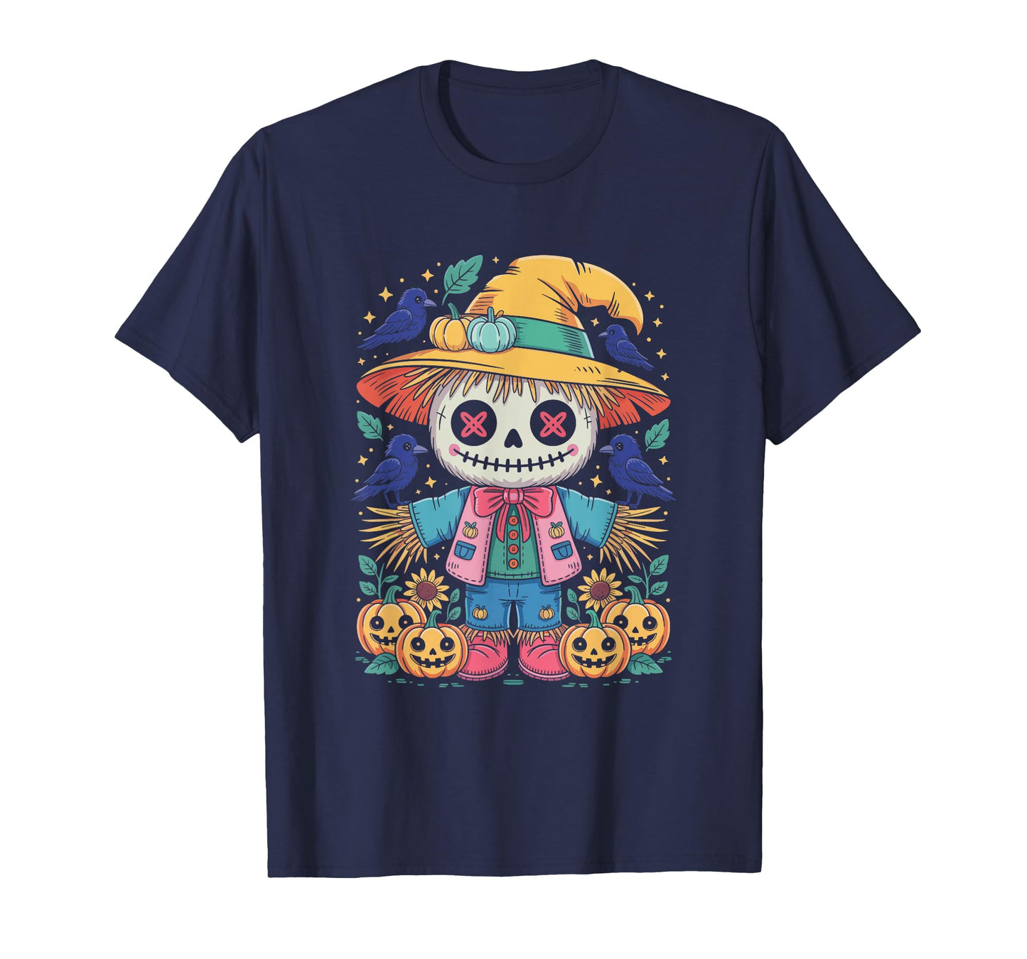 Scarecrow Skeleton Pastel Halloween Pumpkins Crows T-Shirt