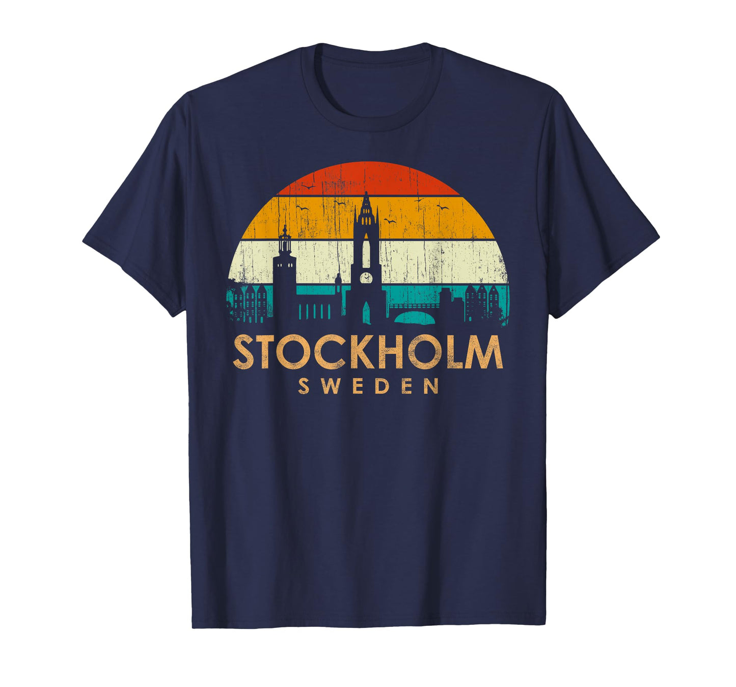Vintage Retro Style Landscape Sun Skyline Stockholm Sweden T-Shirt