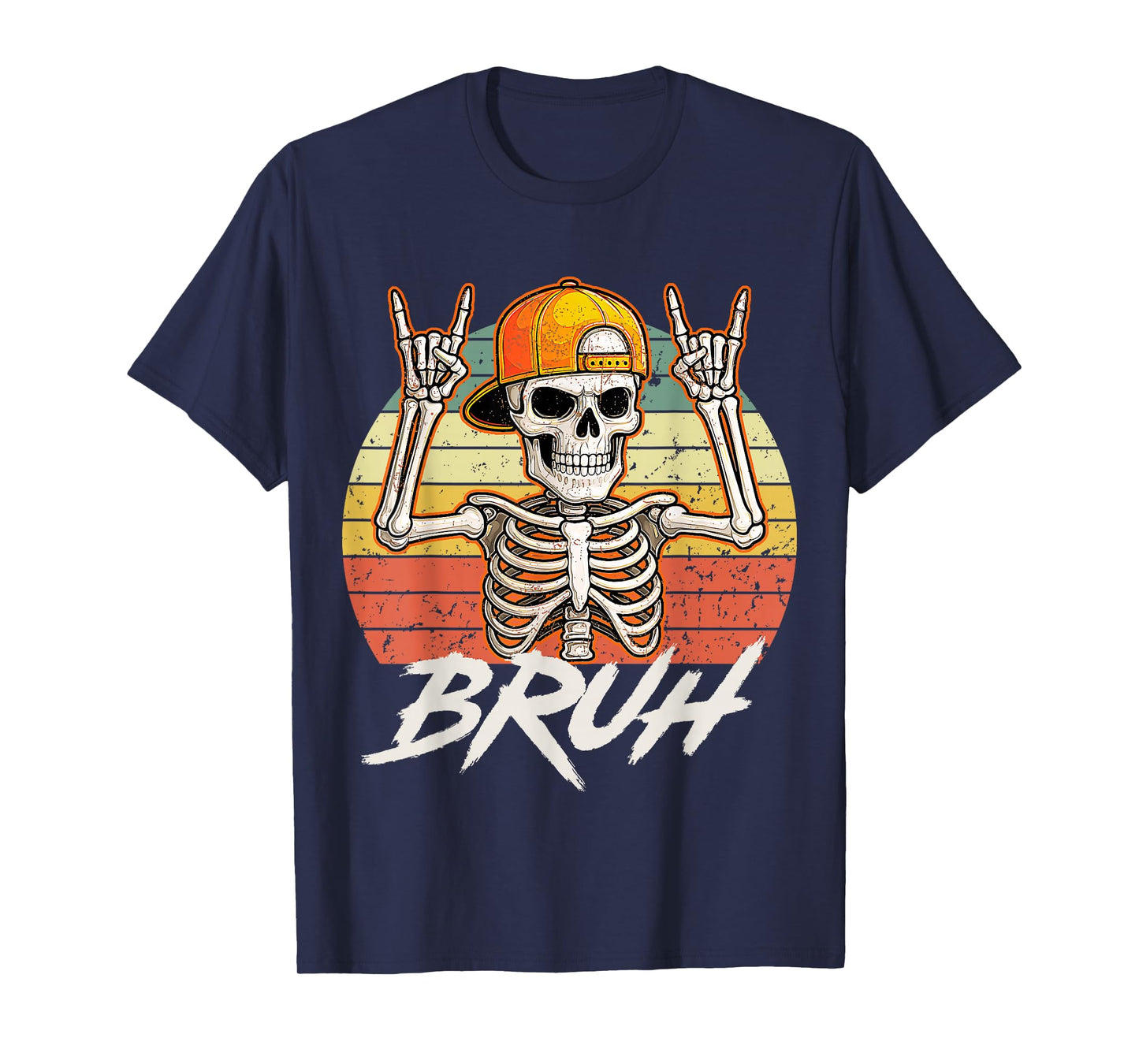 Bruh Punk Rock Skeleton Cool Rocker Halloween Retro T-Shirt