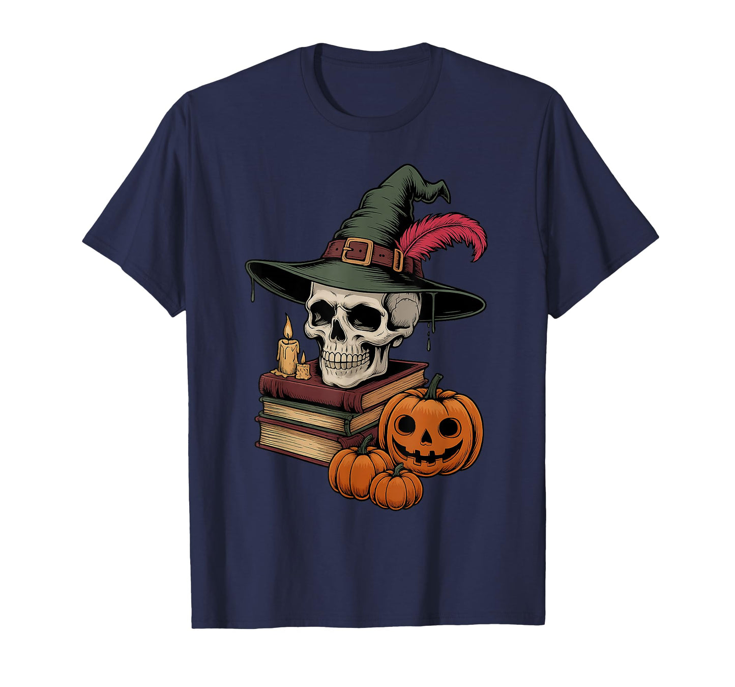 Teacher Halloween Skeleton Skull Book Lover and Pumpkin Fall T-Shirt