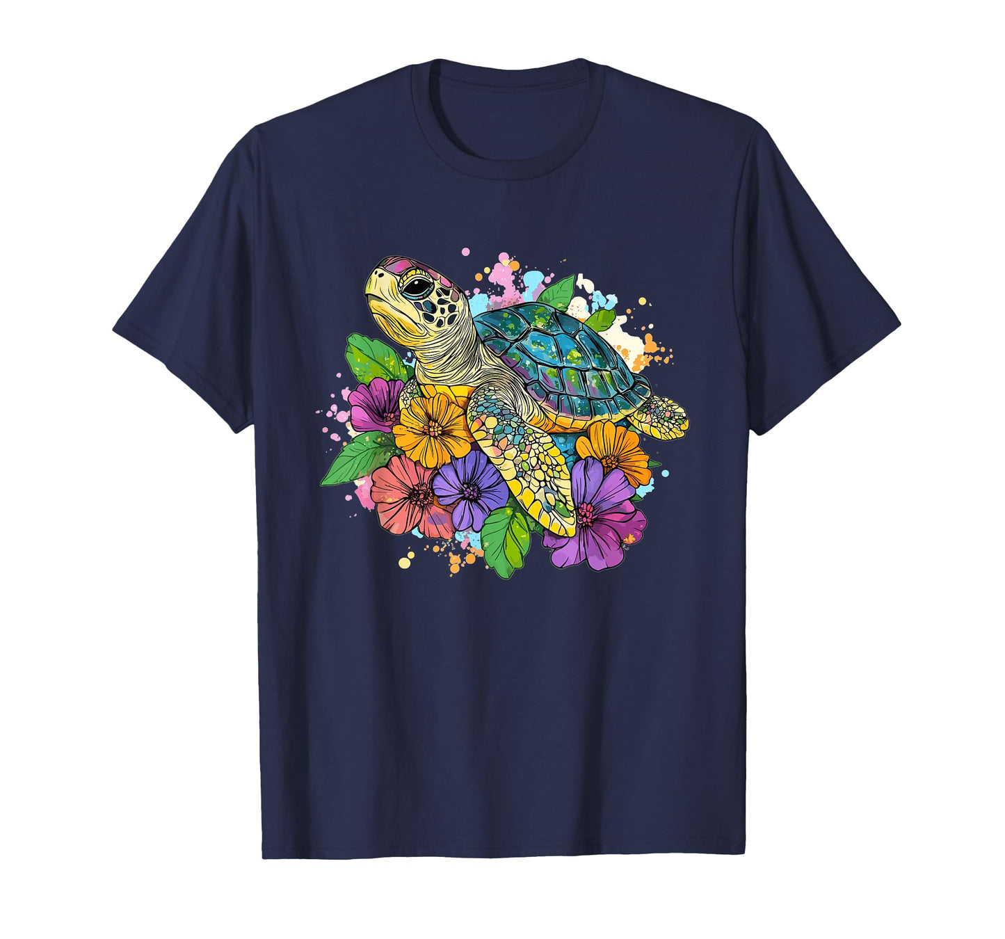 Vibrant Turtle with Flowers Splash T-Shirt