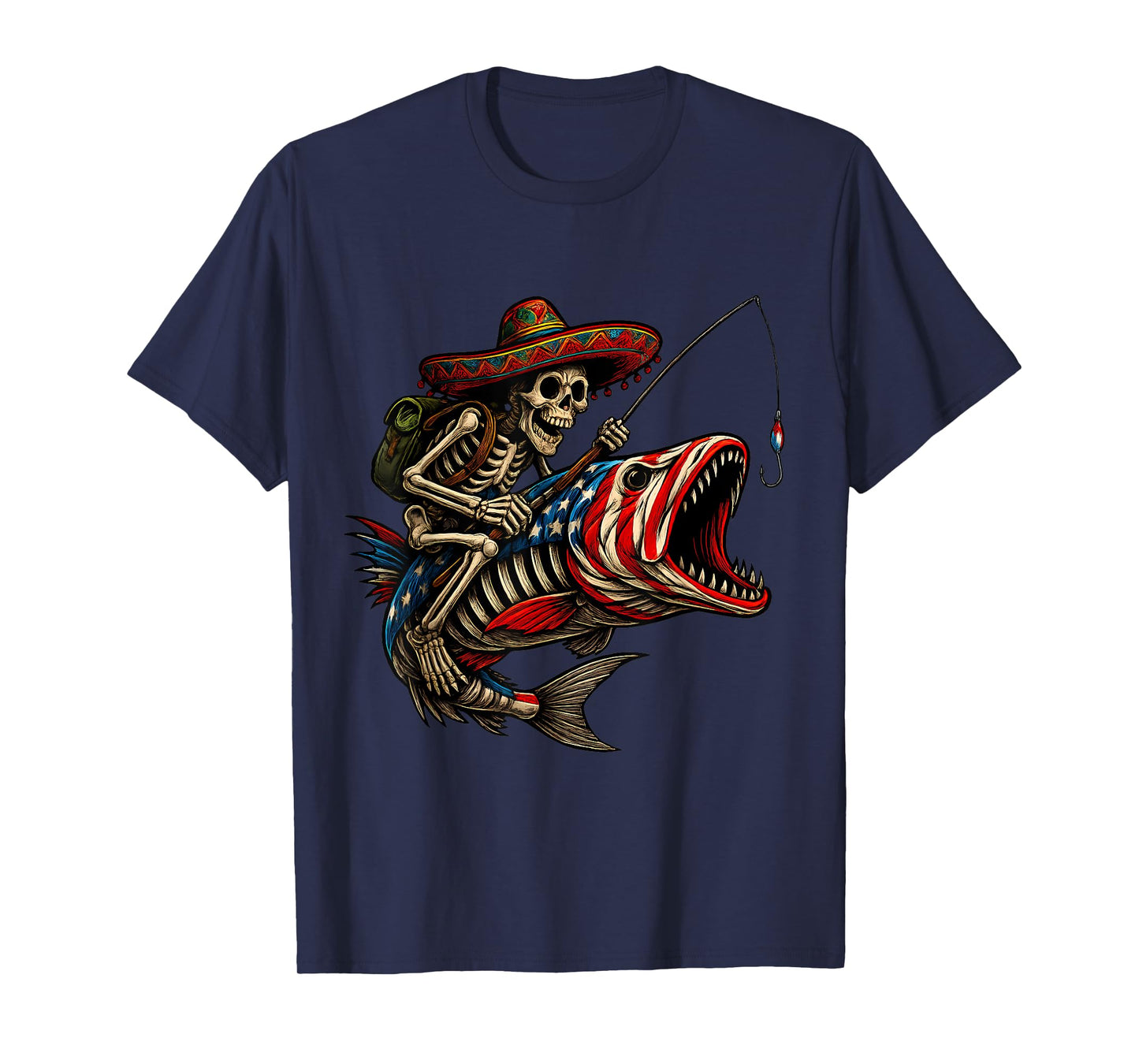 Fishing Mexican Sombrero Bass Fish Skull Skeleton Fisherman T-Shirt